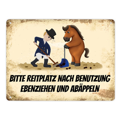 Metallschild XL mit Pferd und Reiter Motiv und Spruch: Bitte Reitplatz nach Benutzung ...