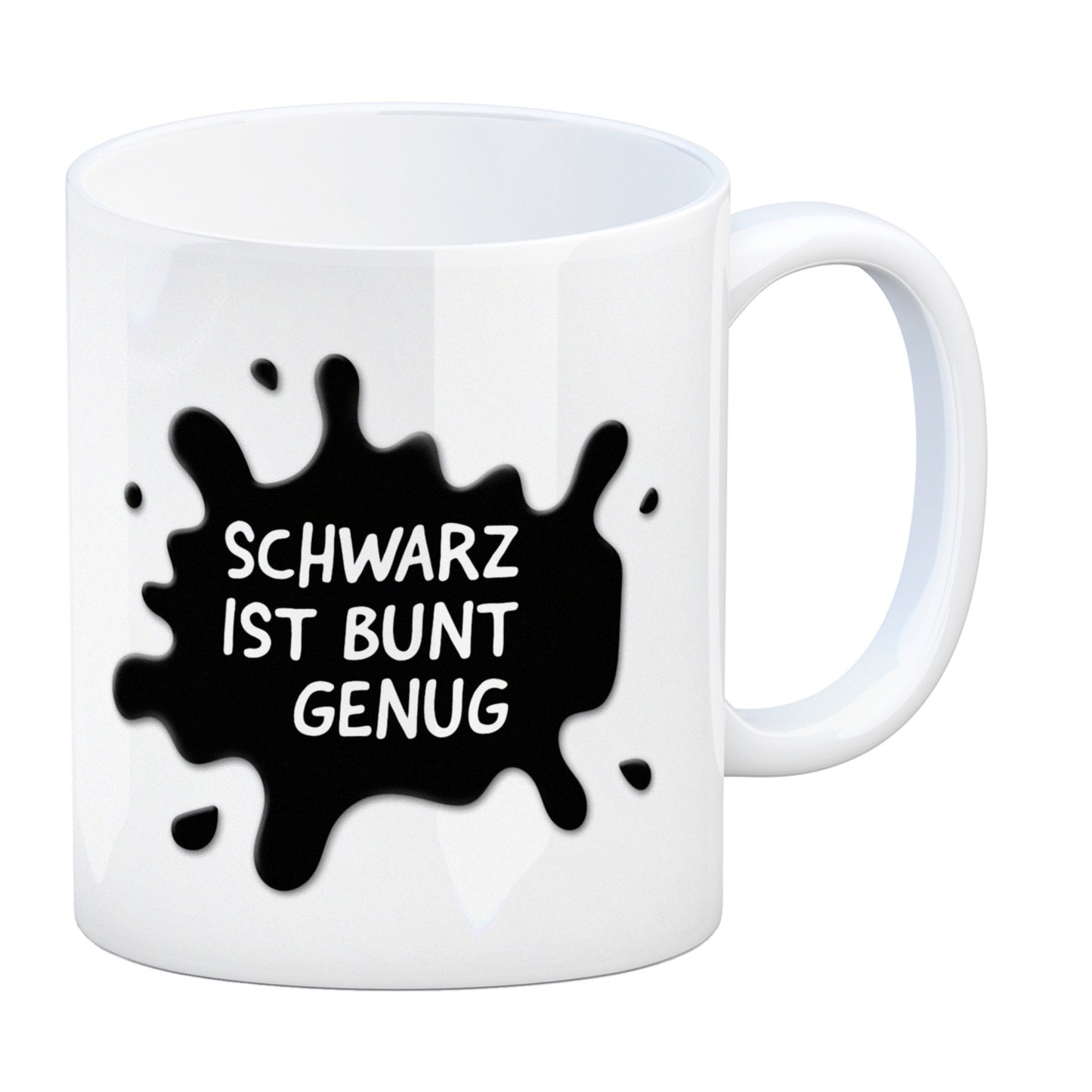 Schwarz ist bunt genug Kaffeebecher mit Farbklecks Motiv