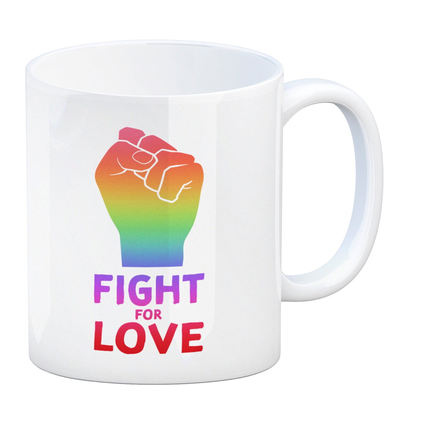 Fight for Love Kaffeebecher mit Faust in Regenbogenfarben