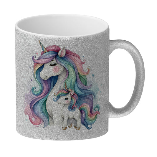 Einhorn-Mama mit Kind Glitzer-Kaffeebecher