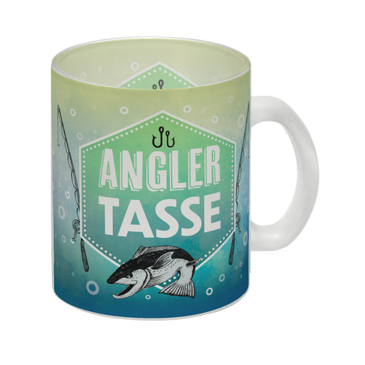 Angler Becher Glas Tasse mit Fisch und Angel Motiv