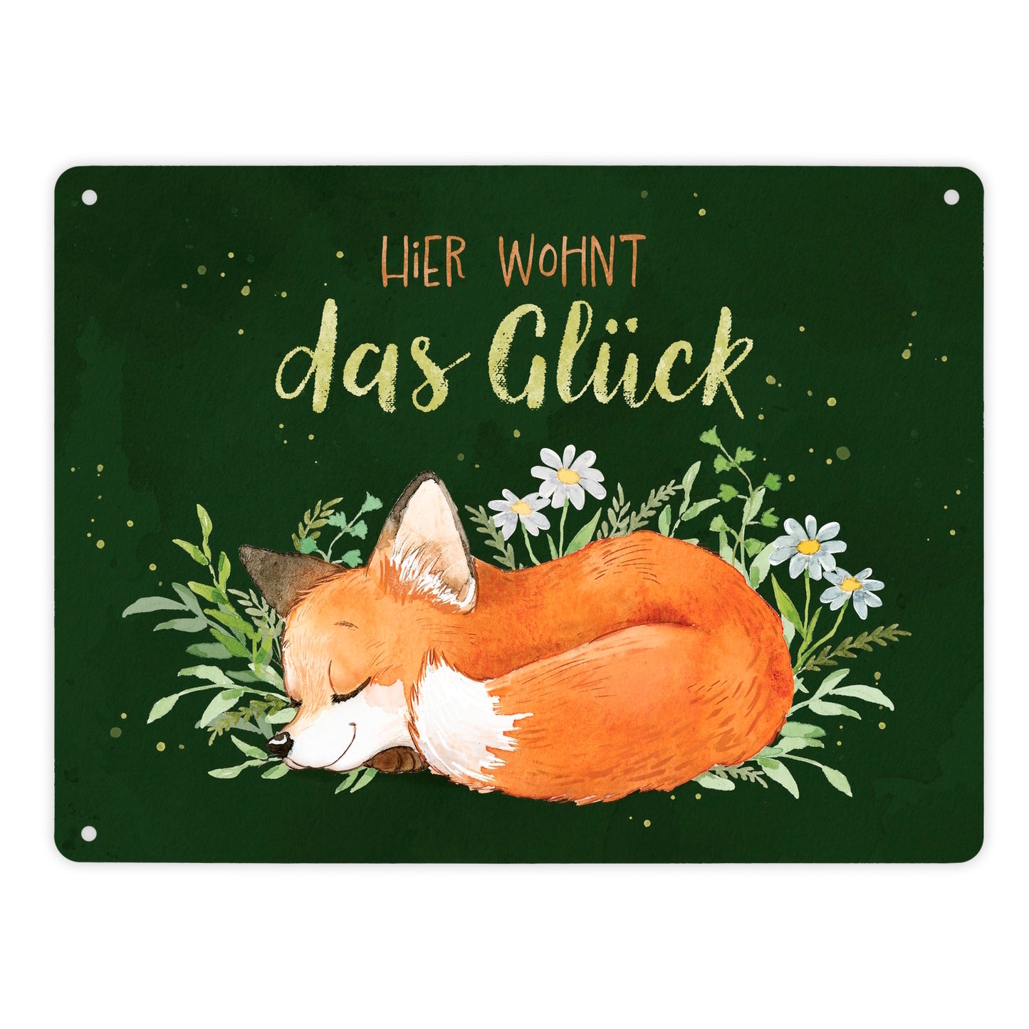 Fuchs Metallschild XL in 21x28 cm in grün mit Spruch Hier wohnt das Glück