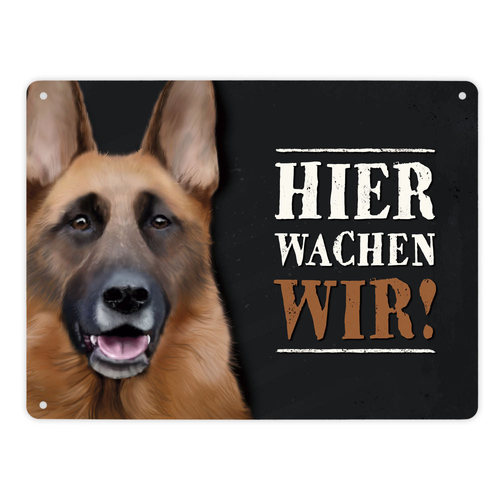 Hier wachen wir! Metallschild XL mit Schäferhund Motiv