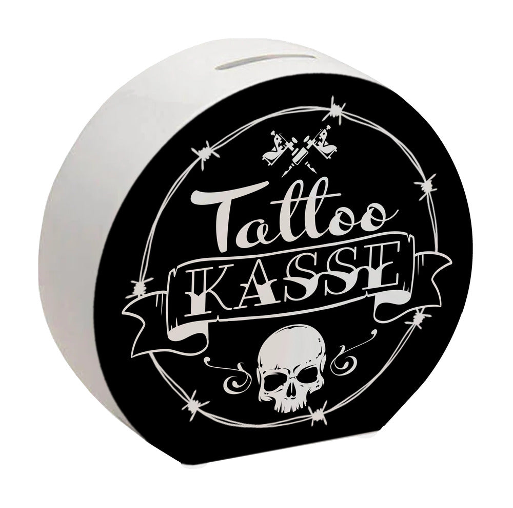 Spardose aus Keramik mit coolen Tattoo-Motiven in schwarz - Tattookasse