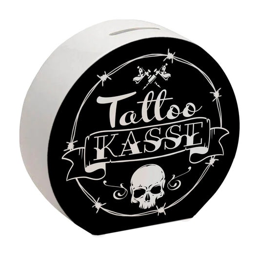 Spardose aus Keramik mit coolen Tattoo-Motiven in schwarz - Tattookasse