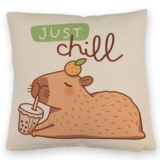 Capybara mit Bubble Tea Kissen mit Leinenoptik mit Spruch Just Chill