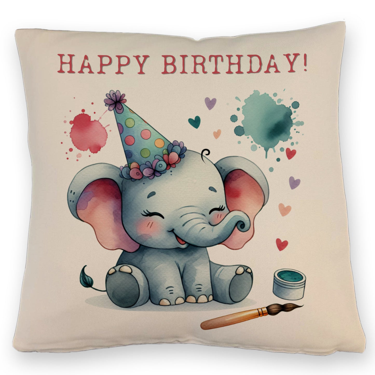 Happy Birthday Elefant Kissen mit Leinenoptik