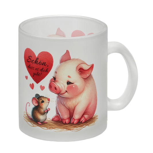 Schwein mit Maus und Herz Glas Tasse mit Spruch Schön dass es dich gibt