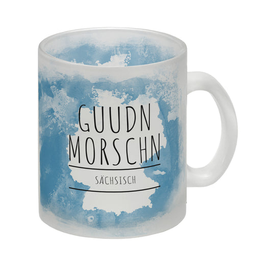 Hallo auf Sächsisch Guudn Morschen lustiger Glas Tasse mit blauem Hintergrund