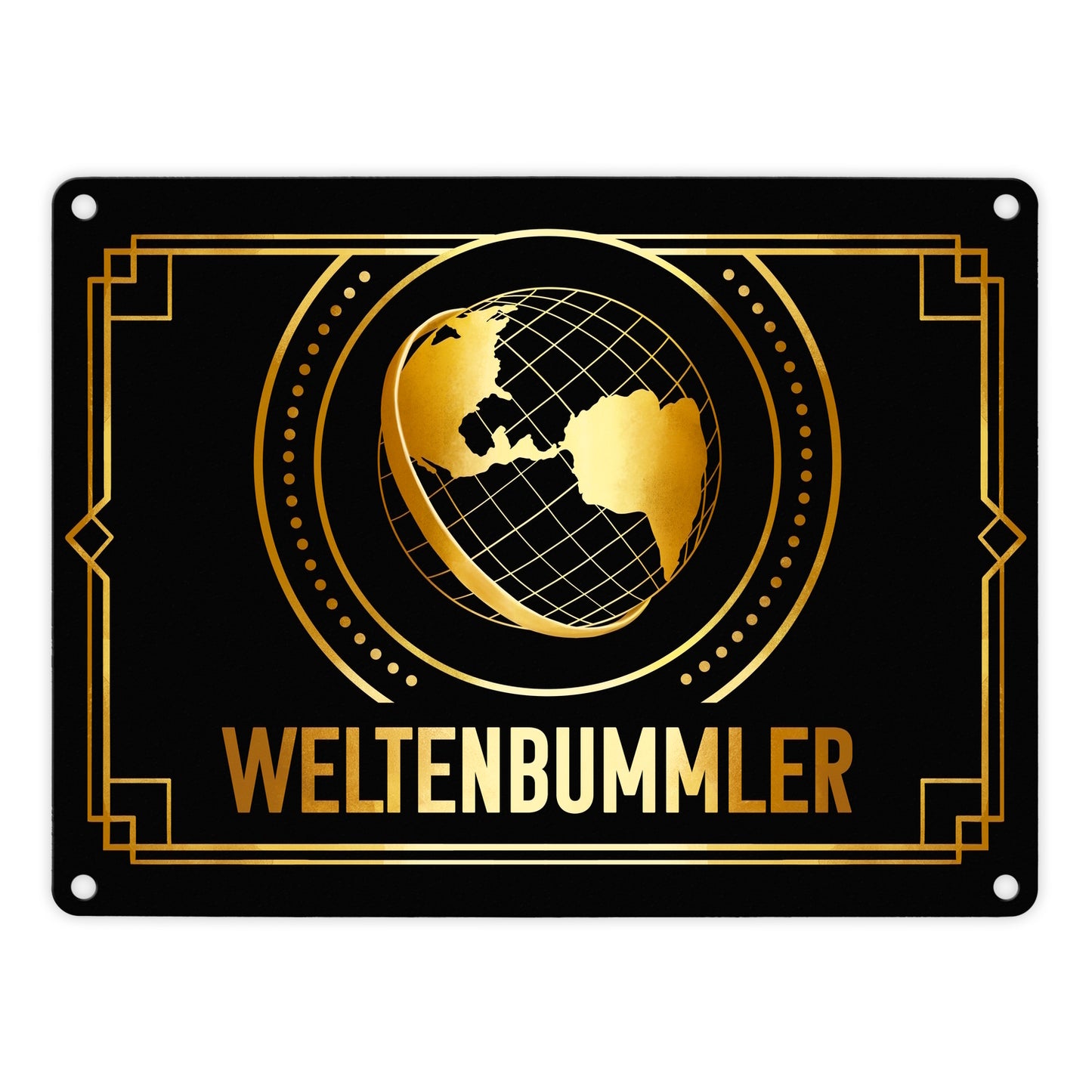 Weltenbummler Metallschild in 15x20 cm mit goldenem Globus und Reisemotiv