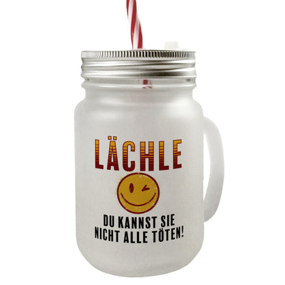 Emoticon Mason Jar Henkel Trinkglas mit Deckel mit Spruch Lächle du kannst sie nicht alle töten