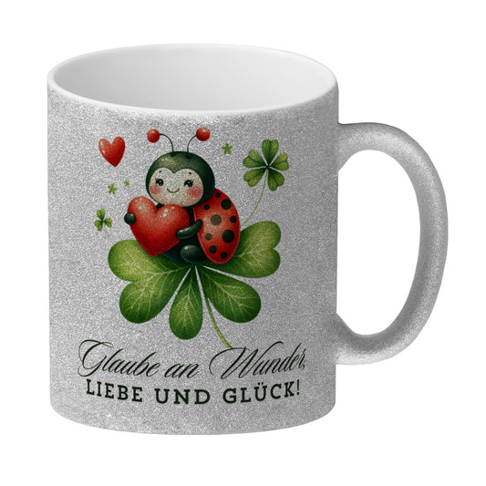 Marienkäfer Glitzer-Kaffeebecher mit Spruch Glaube an Wunder, Liebe und Glück!