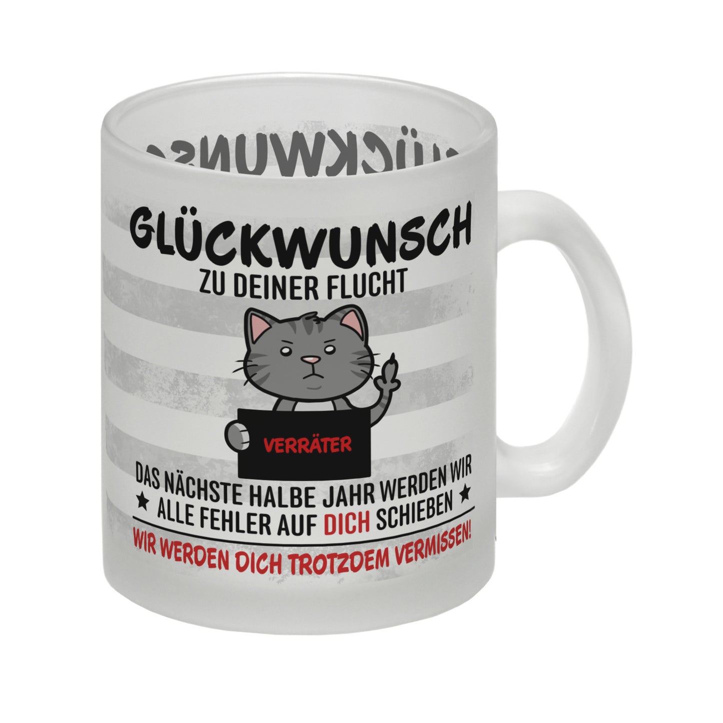 Glückwunsch zur Flucht, Verräter Mittelfinger Glas Tasse mit Katze