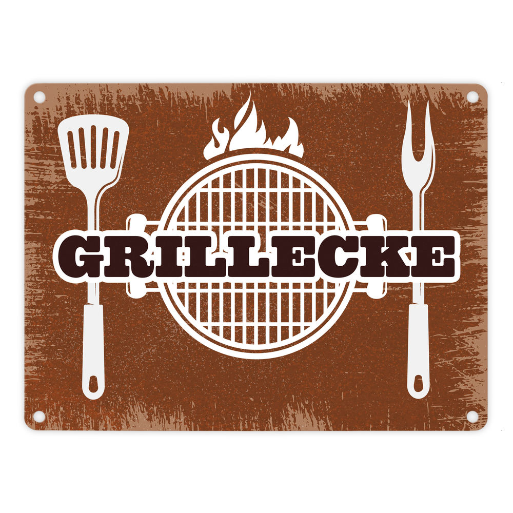 Grillecke Metallschild mit coolem Grillmotiv auf rostbraunem Hintergrund