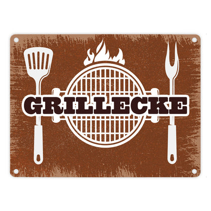 Grillecke Metallschild mit coolem Grillmotiv auf rostbraunem Hintergrund