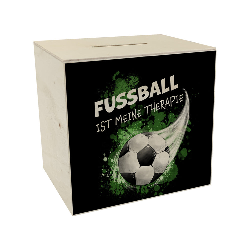 Fußball ist meine Therapie Spardose aus Holz mit Fußball-Motiv in grün