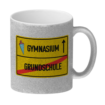 Gymnasium Ortsschild Glitzer-Kaffeebecher zur Einschulung