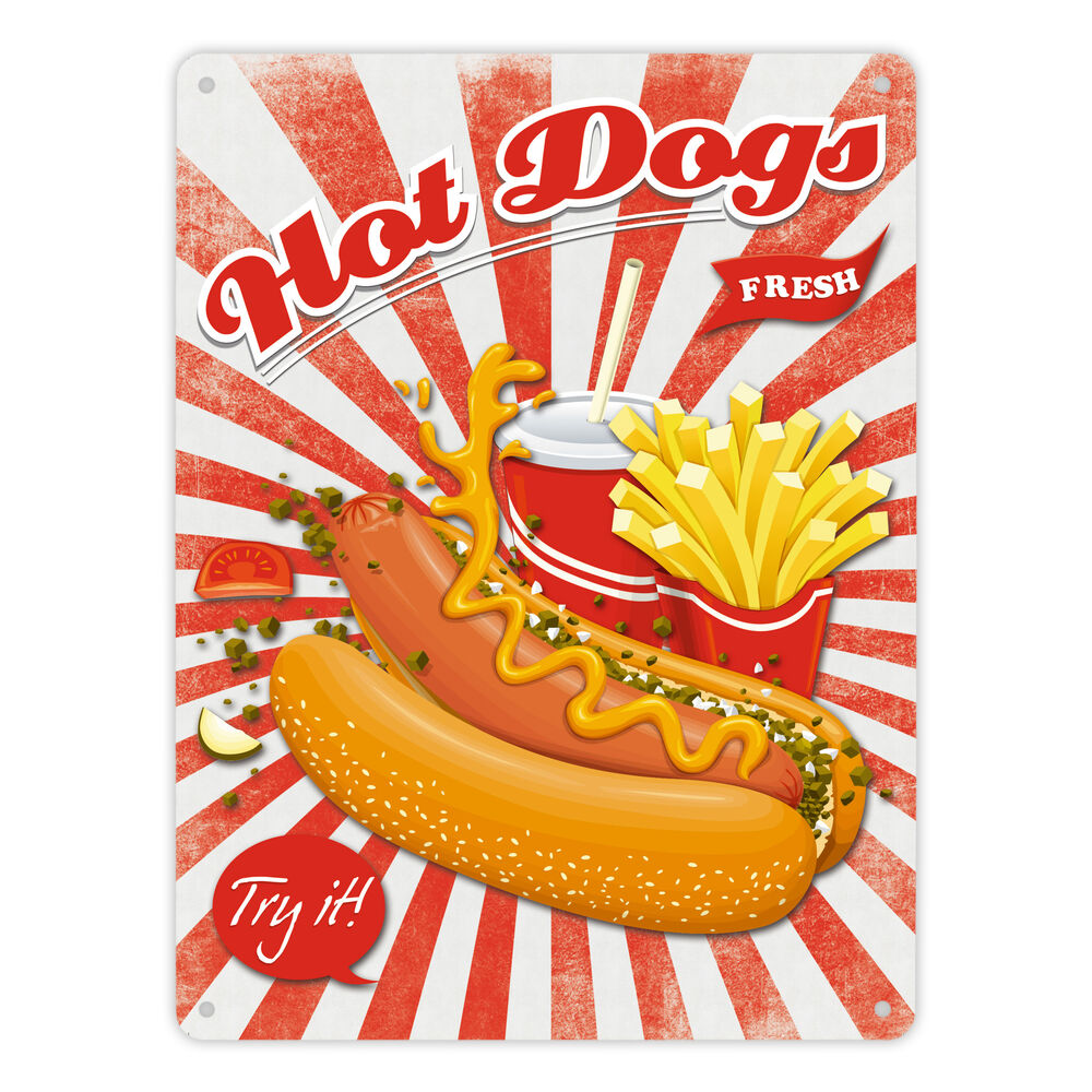 Metallschild XL mit Spruch: Fast Food Hot Dogs