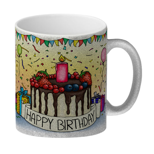 Happy Birthday Glitzer-Glitzer-Kaffeebecher mit Geburtstagstorte Motiv