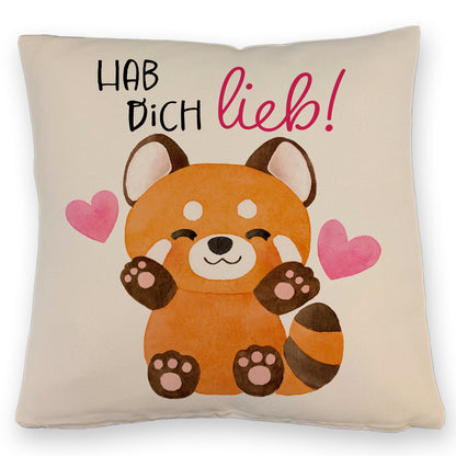 Roter Panda Kissen mit Leinenoptik mit Spruch Hab dich lieb