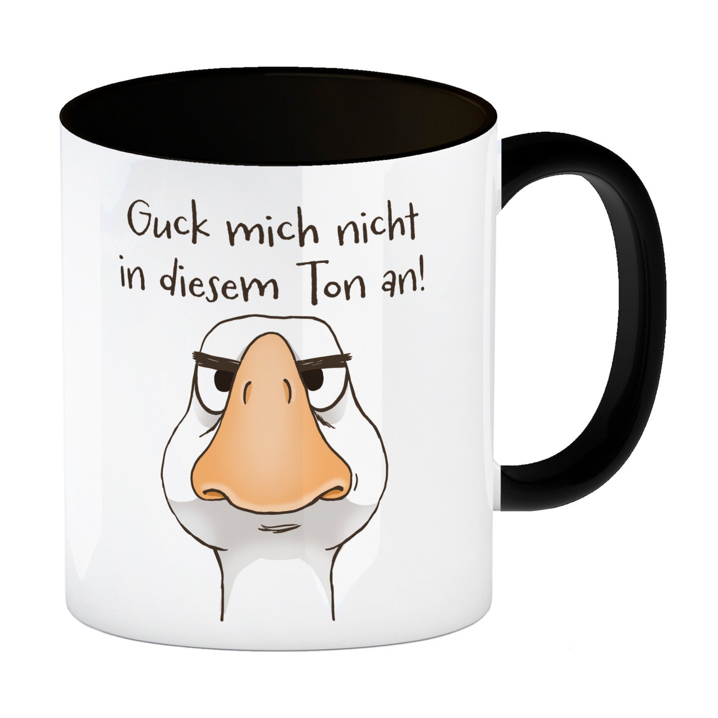 Gilbert die Gans Kaffeebecher in schwarz mit Spruch Guck mich nicht in diesem Ton an