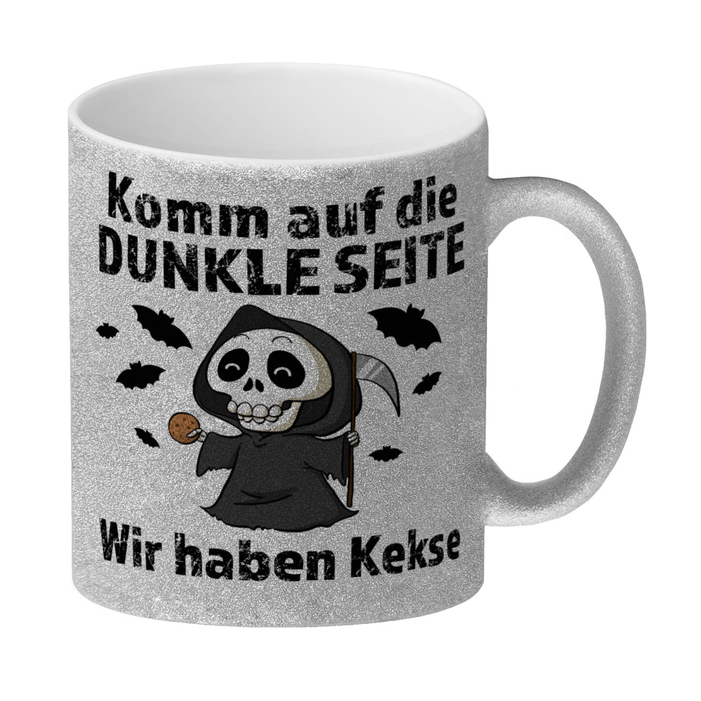 Komm auf die dunkle Seite Glitzer-Kaffeebecher mit Spruch Wir haben Kekse