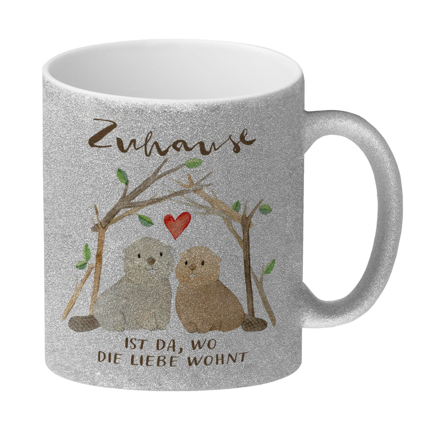 Biber Glitzer-Kaffeebecher mit Spruch Zuhause ist da wo die Liebe wohnt