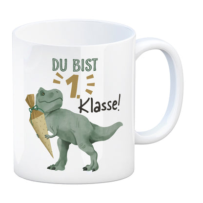 Dino mit Schultüte Kaffeebecher mit Spruch Du bist 1. Klasse!