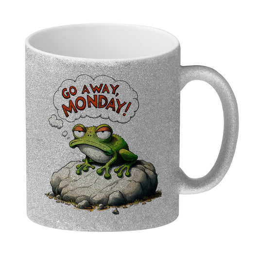 Mürrischer Frosch auf Stein Glitzer-Kaffeebecher mit Spruch Go away, Monday!