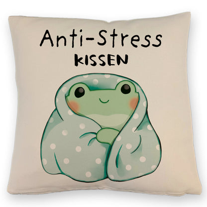 Frosch in blauer Decke Kissen mit Leinenoptik mit Spruch Anti-Stress Kissen mit Leinenoptik