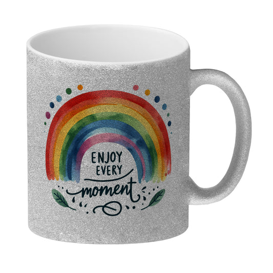 Regenbogen Glitzer-Kaffeebecher mit Spruch Enjoy every moment