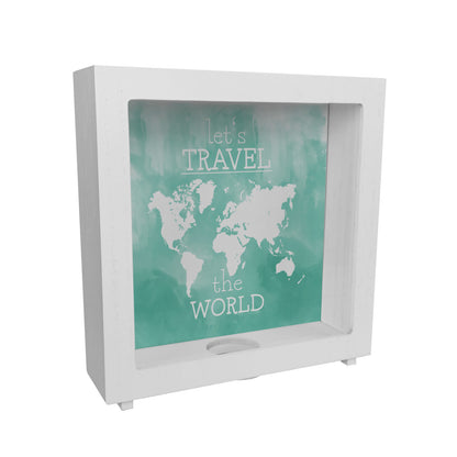 Rahmen Spardose aus Holz mit Weltkarten Motiv und Text - let's travel the world in Türkis