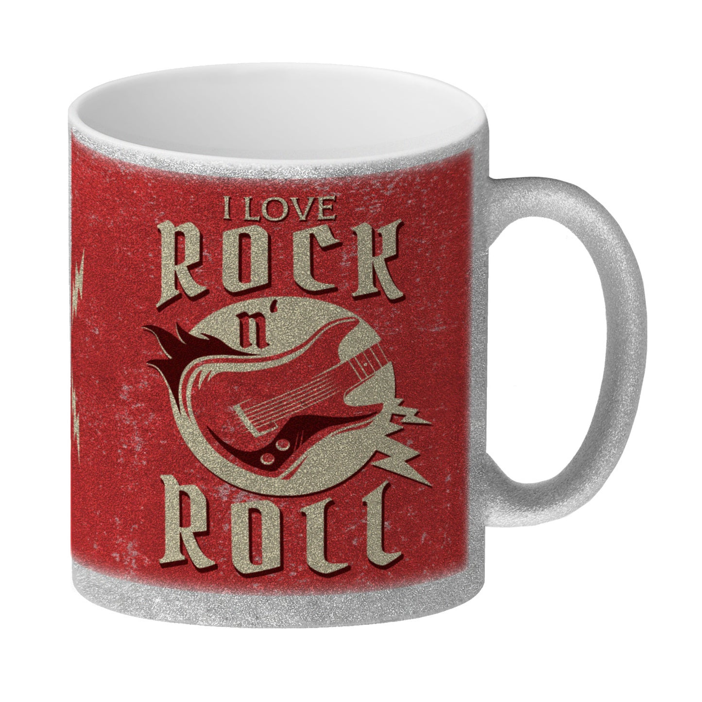 I Love Rock 'n' Roll Glitzer-Kaffeebecher mit Gitarren Motiv