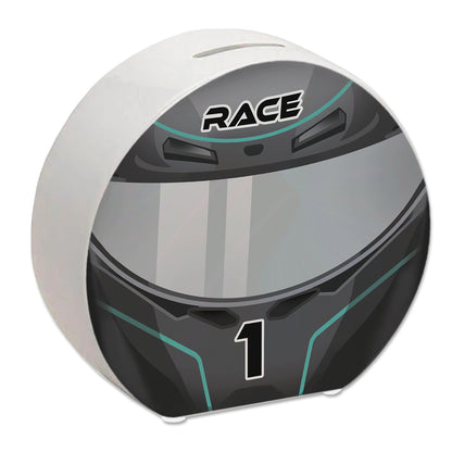 Motorsport-Helm Spardose in Schwarz-Silber