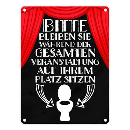 Bitte sitzen bleiben Toiletten Metallschild in 15x20 cm mit rotem Vorhang