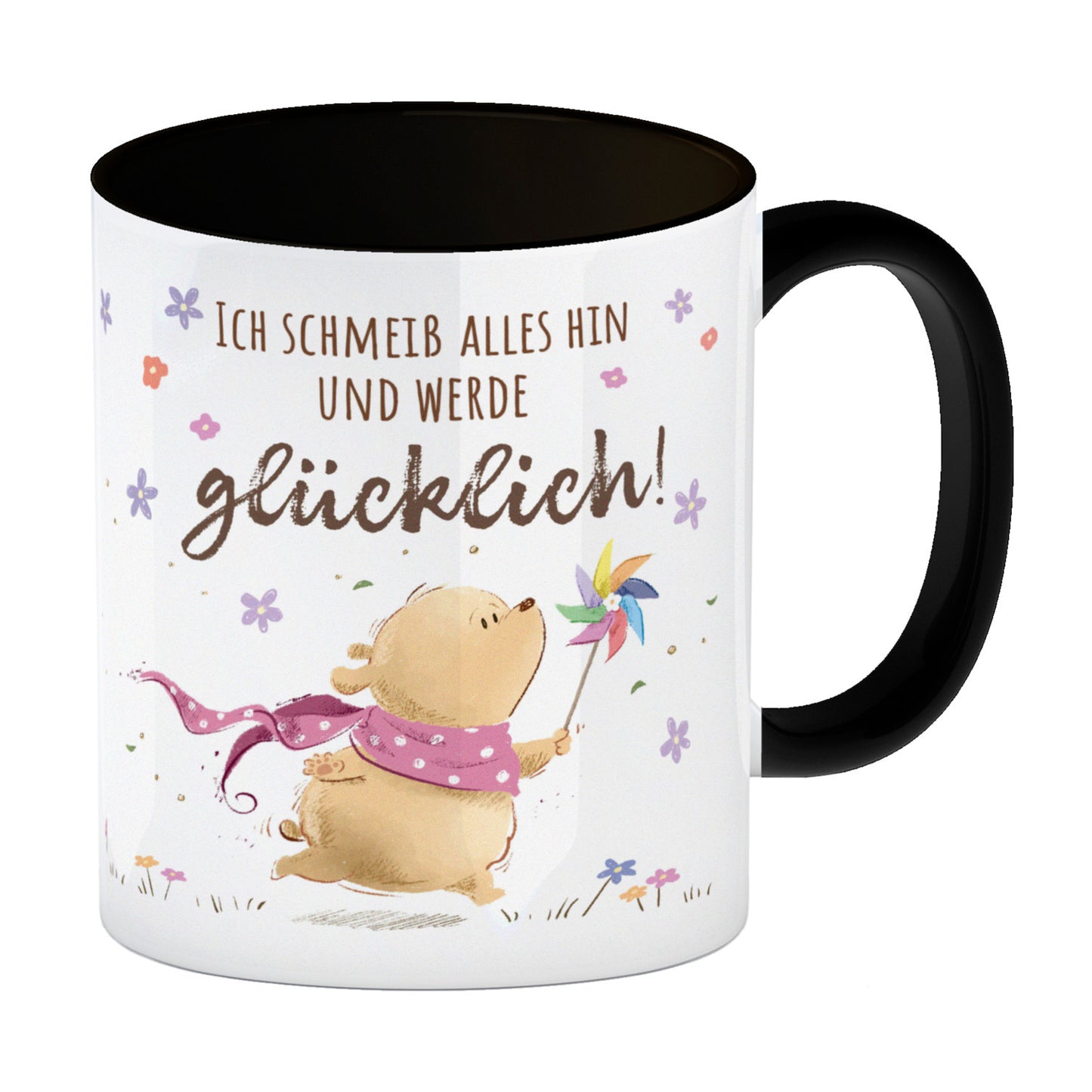 Glücklicher Bär Kaffeebecher in schwarz mit Spruch Ich schmeiß alles hin