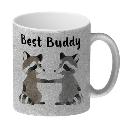 Waschbär Bruder und Kumpel Glitzer-Kaffeebecher mit Spruch Best Buddy