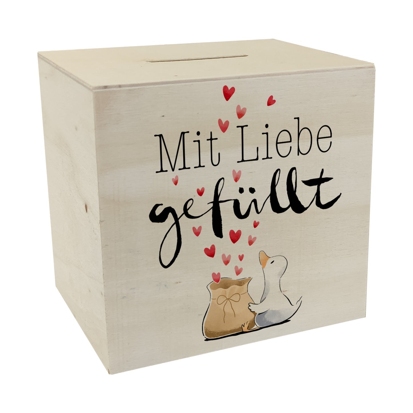 Ente Spardose aus Holz mit Spruch Mit Liebe gefüllt