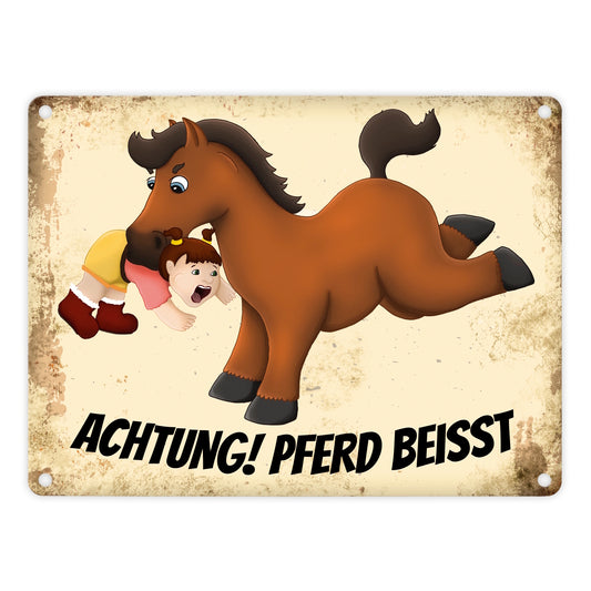 Metallschild mit Pferde Motiv und Spruch: Achtung! Pferd beisst