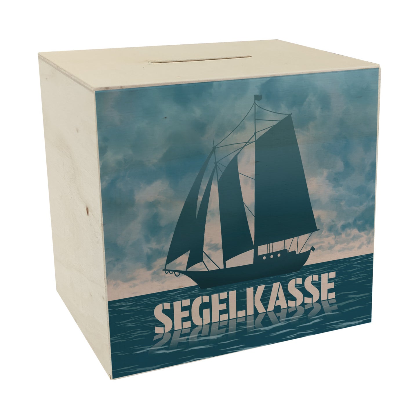 Segelkasse Spardose aus Holz mit Segelschiff