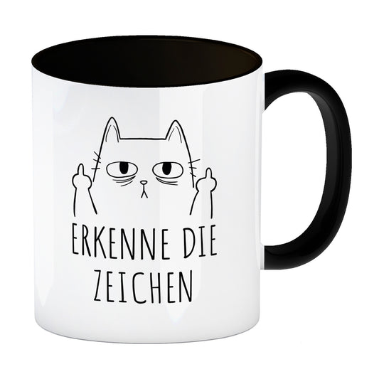 Katze mit Mittelfinger Kaffeebecher in schwarz mit Spruch Erkenne die Zeichen