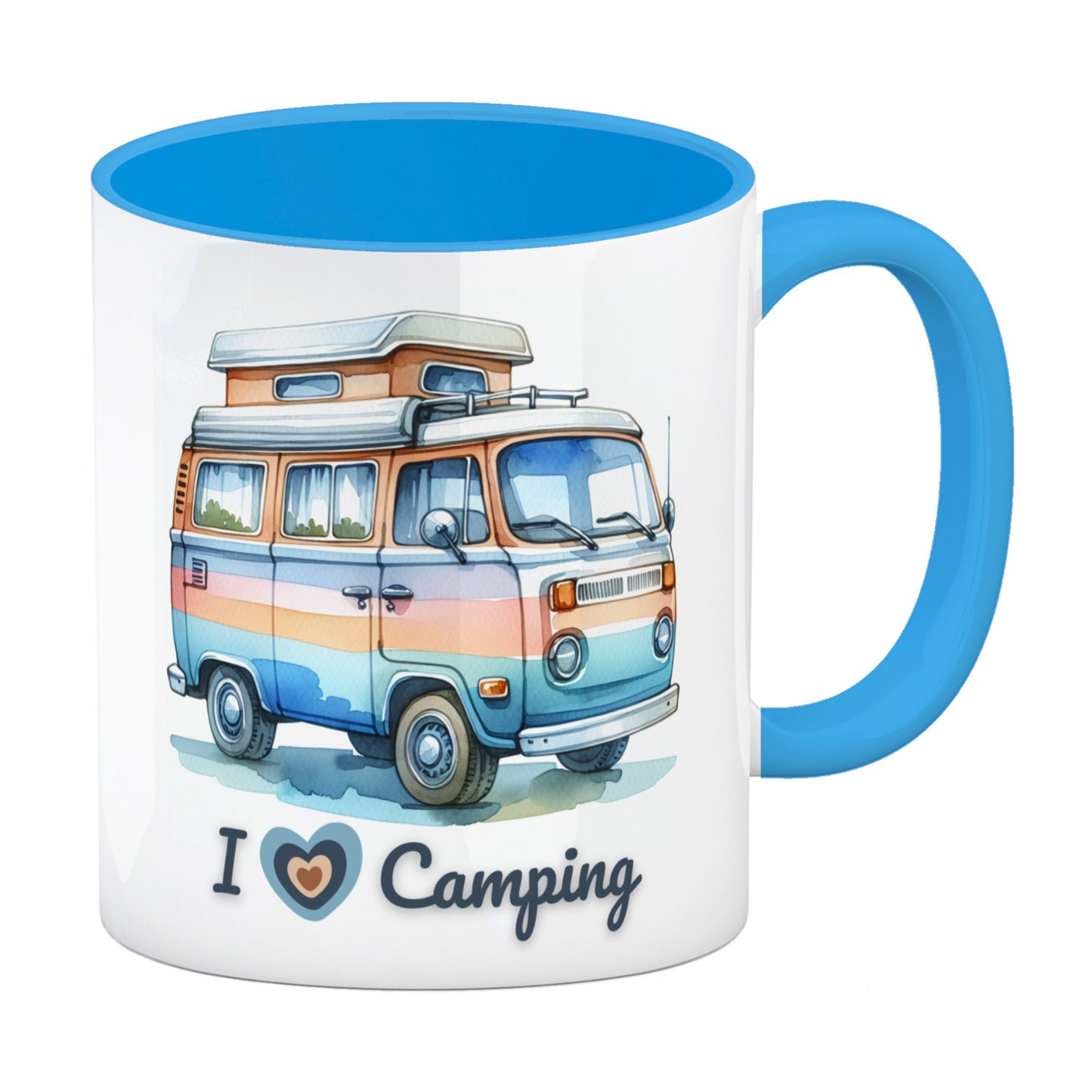 Campervan Kaffeebecher in hellblau mit Spruch I love Camping