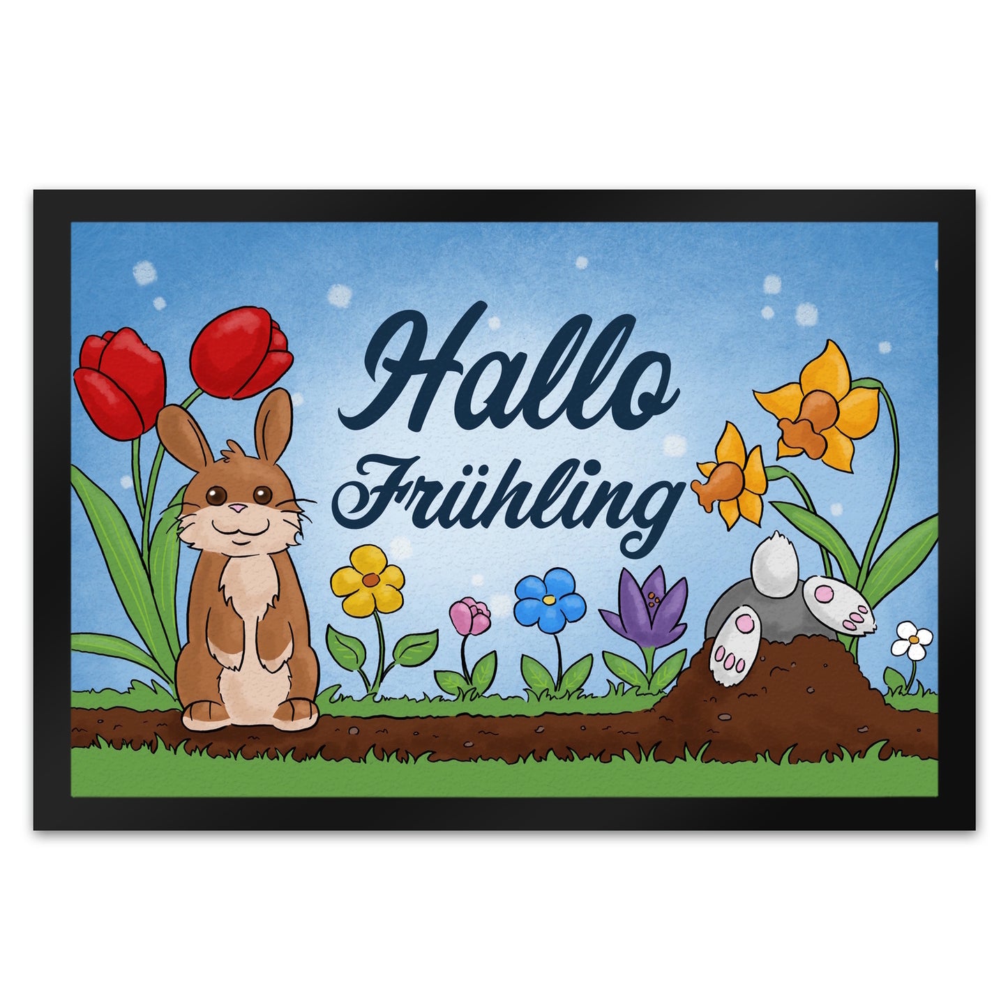 Hallo Frühling Fußmatte XL in 40x60 cm mit süßen Hasen für Ostern