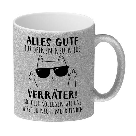 Katze mit Mittelfinger Glitzer-Kaffeebecher mit Spruch Viel Erfolg du Verräter