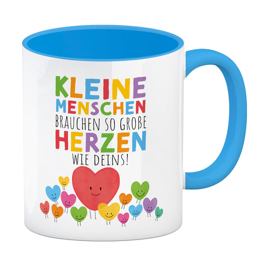 Herzen Kaffeebecher in hellblau mit Spruch Große Herzen für kleine Menschen