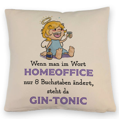 Engel Kissen mit Leinenoptik mit Spruch - Homeoffice klingt ähnlich wie Gin-Tonic