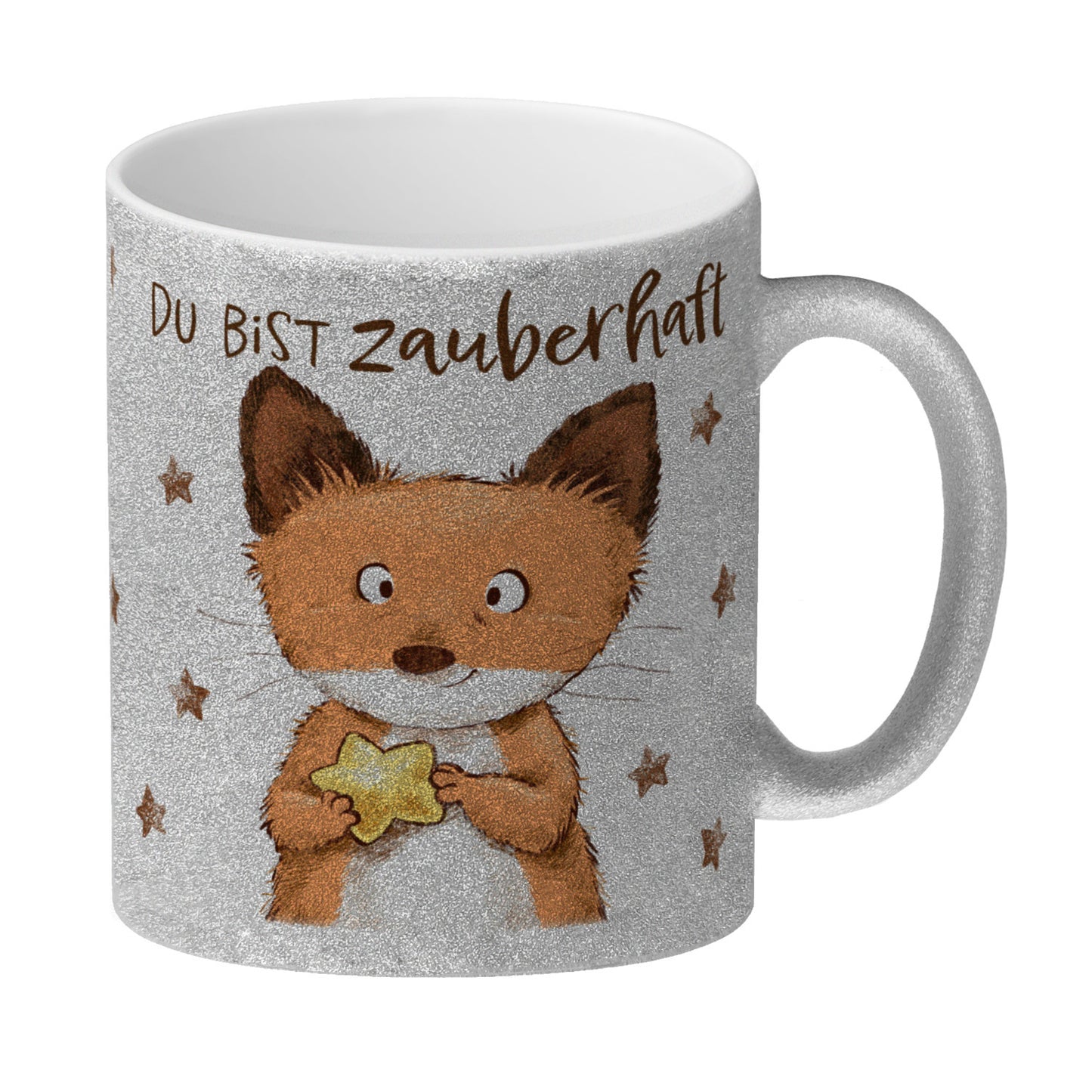 Fuchs Glitzer-Kaffeebecher mit Spruch Du bist zauberhaft