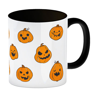 Kaffeebecher Schwarz im Halloween Design - mit vielen lustigen geschnitzten Kürbisköpfen