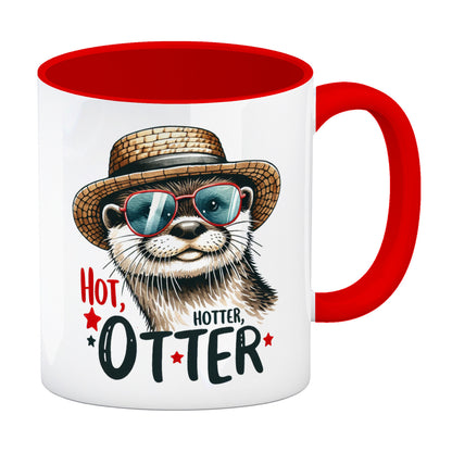 Otter mit Sonnenbrille und Strohhut Kaffeebecher in rot mit Spruch Hot Hotter Otter