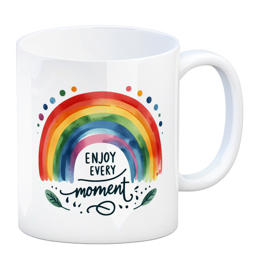 Regenbogen Kaffeebecher mit Spruch Enjoy every moment